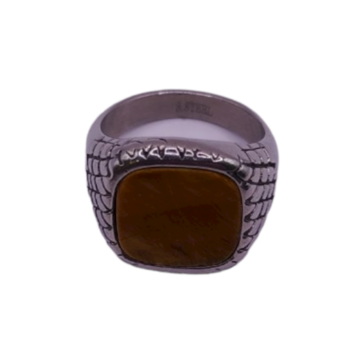 Αντρικό δαχτυλίδι από ατσάλι ασημί με καφέ πέτρα νο.18
